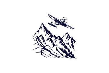 a plane flying over mountain range silhouette clip art vector illustration