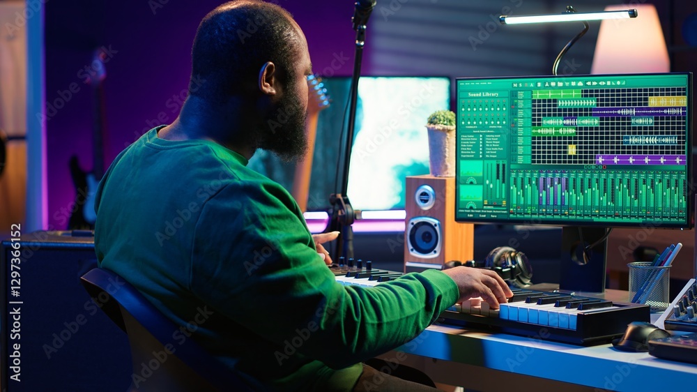 Leinwandbilder creative songwriter recording new tracks with microphone and midi controller, playing piano notes in