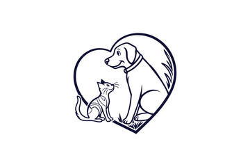 cat and dog inside a heart shape line art vector illustration