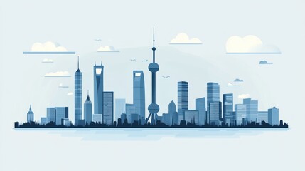 Obraz premium Shanghai skyline illustration, simple cityscape, city view, modern architecture, background, design element, poster or presentation backdrop, vector art