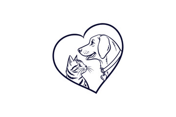 cat and dog inside a heart shape line art vector illustration