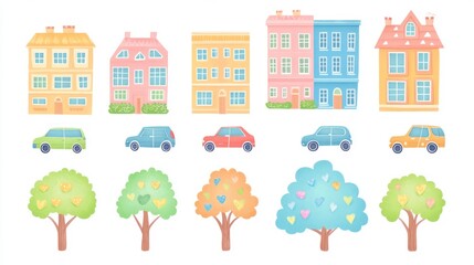 Naklejka premium Colorful cartoon city street scene with cars and trees. Possible use stock photo for children's book illustration, education materials, or background design