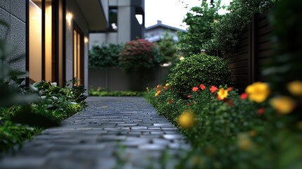 Serene garden pathway leading to a modern home, vibrant flowers blooming, lush greenery surrounding