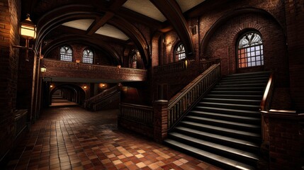 Fototapeta premium Interior view of a historic brick building featuring ornate arches and a grand staircase