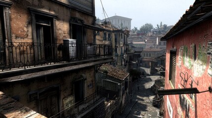 Urban alleyway scene showcasing weathered buildings, balconies, and distant city life