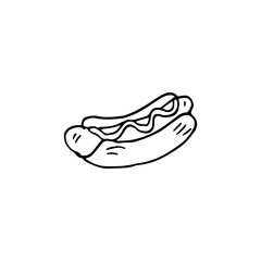 Hot dog with bun with mustard doodle cartoon vector fast food hand drawn.