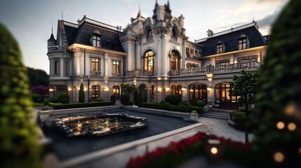 Fototapeta premium Elegant mansion with manicured gardens and a serene pond, showcasing luxury and tranquility