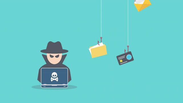 Hacker with laptop computer stealing confidential data, personal information and credit card detail. Hacking concept.	