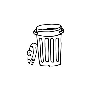 Open bin with lid beside it doodle cartoon hand-drawn vector trash can.