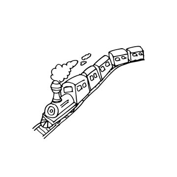 Steam train traveling along a track doodle cartoon vector hand-drawn.