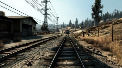 Obraz premium Train tracks stretching into the distance, surrounded by dry landscape and power lines