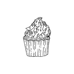Doodle cartoon of a cupcake with sprinkles dessert food cake vector illustration.