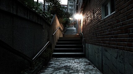 Fototapeta premium Dimly lit urban staircase leading upward, surrounded by brick walls and buildings at dusk