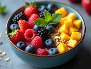 Vibrant Fruit Bowl with Fresh Berries, Mango, and Granola