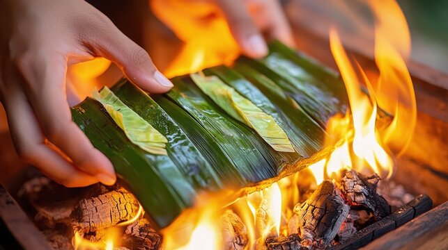 Hand-Folding Traditional Leaf Dish on Charcoal Stove with Glowing Embers