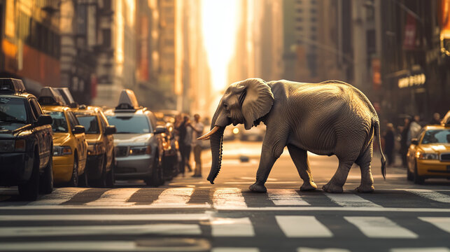 Massive elephant carefully crossing a busy street while vehicles stop in a vibrant urban setting at sunset