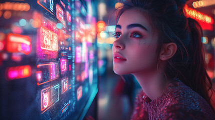 Young woman exploring digital displays in a vibrant shopping mall at night