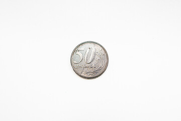 50 cents real coin on a white background in rio de janeiro.