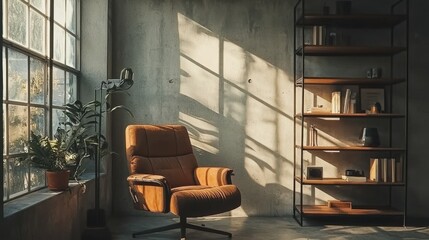 Elegant corner section with a brown recliner, minimalist industrial shelving unit, loft-style window casting soft daylight, polished concrete walls, monochrome color palette