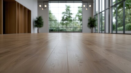 Obraz premium Empty modern office with large windows overlooking greenery. Potential use Interior design inspiration