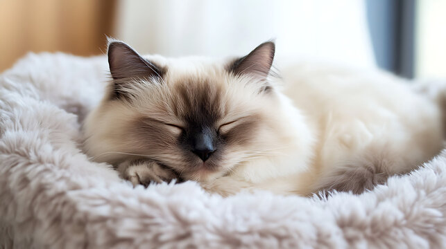 A cat is sleeping in a bed