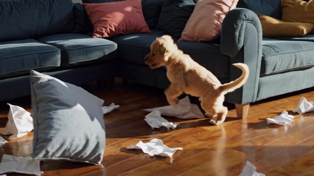 A playful puppy leaps mid-air over a sofa in a sunlit living room. Captured from a low angle, the video conveys energy and mischief.
