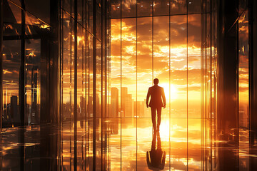 Businessman walking towards sunset city view from modern office