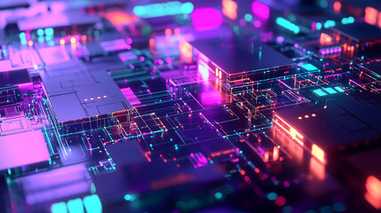 Abstract Neon Circuit Board Futuristic Technology, Digital Network, Glowing Lines, Electronic components