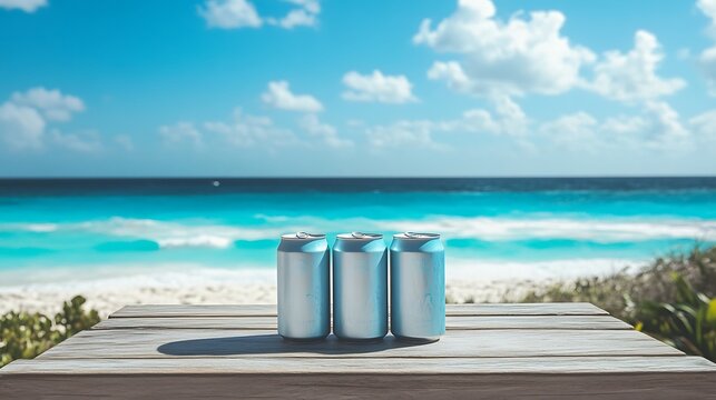 Beverage Cans on Beach Deck at Sunset / 夕暮れのビーチデッキに置かれた飲料缶