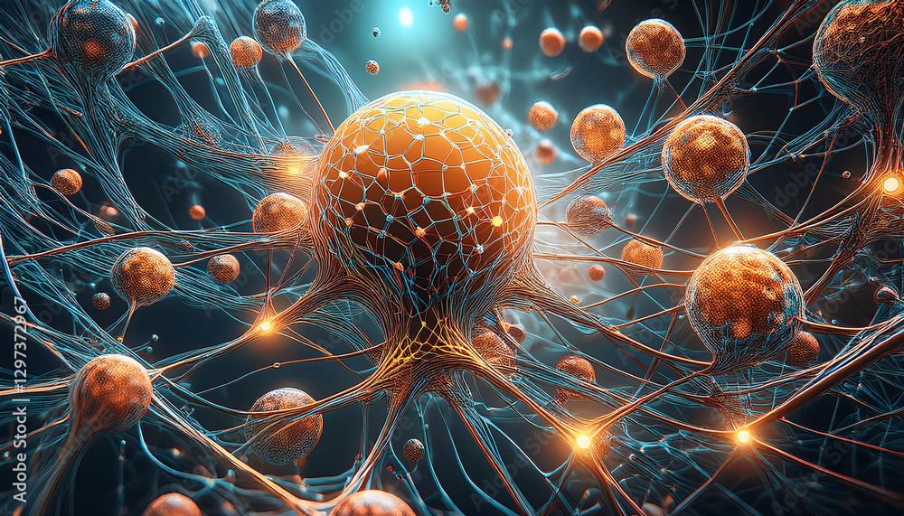 Poster A complex network of interconnected spheres and lines, representing a neural network or a molecule. Generative AI.