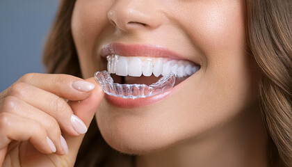 A close up of someone placing a clear dental aligner over perfectly white teeth, showcasing modern orthodontic treatment and oral care solutions. Generative AI