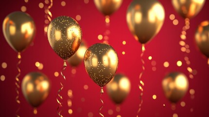 Red background with floating golden balloons, luxurious celebration card generative ai