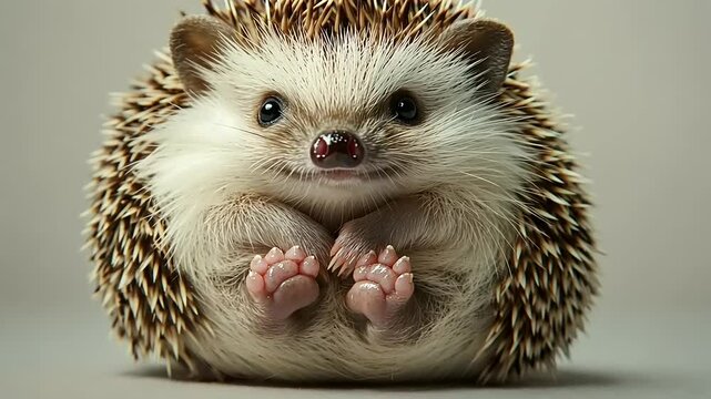 Adorable hedgehog sitting calmly, showcasing its quills and tiny paws against a neutral backdrop