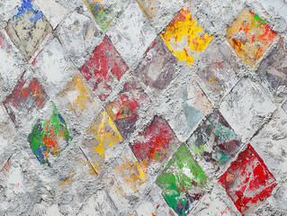 Close-up of an abstract painting with a textured surface and vibrant colors arranged in a geometric pattern.