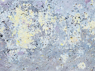 Abstract painting with textured impasto style, featuring shades of grey, yellow, and white.