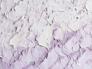 Close-up view of an abstract impasto painting with thick brushstrokes in shades of lavender and white.