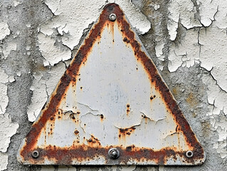 Close-up of a rusty, triangular metal sign affixed to a weathered wall with peeling paint.