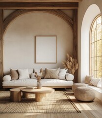 Cozy beige living room with wooden beams, blank art, and sunlight