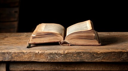 Rustic wooden table adorned with a stack of antique books, an open volume revealing yellowed pages, timeless knowledge concept