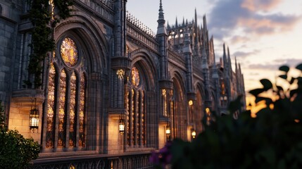 Majestic Gothic Cathedral Facade at Sunset Surrounded by Lush Greenery and Colorful Stained Glass