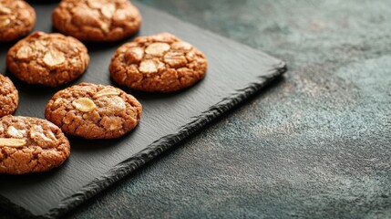 Sleek Dark Slate Plate with Almond Cookies and Subtle Golden Reflection
