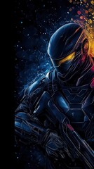 Fototapeta premium Futuristic Digital Art: Cyberpunk Warrior in Space Armor - Powerful Sci-Fi Portrait with Neon Lights and Advanced Technology