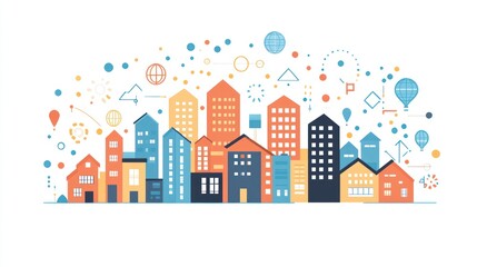 Colorful city skyline with abstract elements; urban design concept; illustration for presentation or brochure