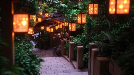 Serene pathway illuminated by lanterns leading to a tranquil garden with lush greenery
