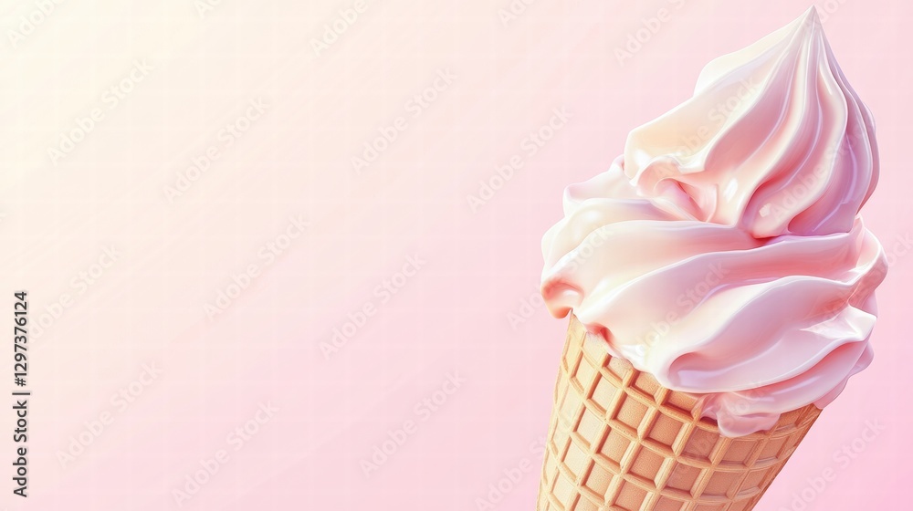 Poster soft serve ice cream in a waffle cone with a light pink background. generative ai