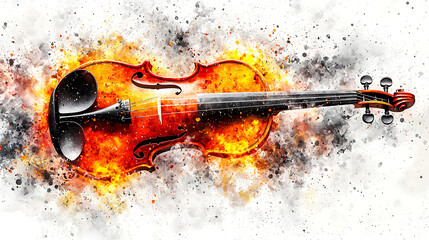 Fototapeta premium Violin in fiery flames on white background. Use for musical posters, branding, or digital art