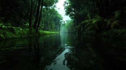 Obraz premium Serene river flowing through lush green jungle with misty ambiance and reflections