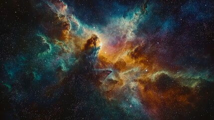 Fototapeta premium Abstract space scene with multicolor nebulae spiraling across the frame, glowing stardust and radiant cosmic clouds, sharp contrast, holographic effect, cinematic, ultra-detailed