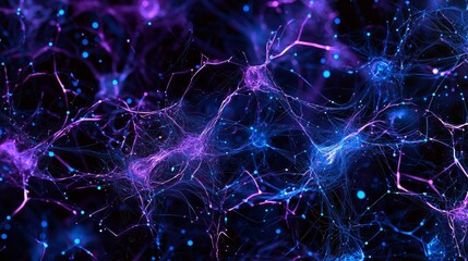 Naklejka premium Abstract technology banner with glowing neon circuits, intricate digital patterns, soft holographic overlay, deep blue and purple tones, futuristic vibe, 3D render