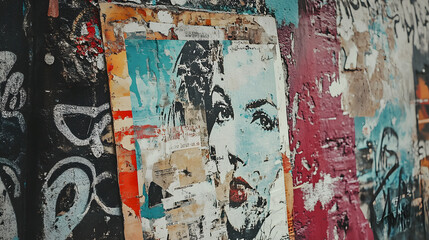 vibrant street art poster featuring woman face on textured wall, surrounded by colorful graffiti and urban art elements, creating dynamic visual experience